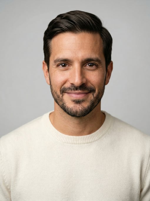 Professional studio headshot of a 37-year-old Argentinian man with neat dark brown side-parted hair