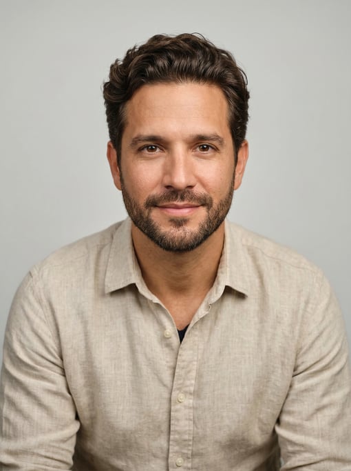 Professional studio headshot of a 39-year-old Puerto Rican man with medium-length wavy dark brown ha