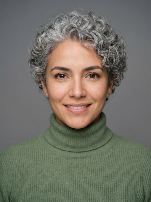 Professional studio headshot of a 34-year-old Colombian woman with a short curly silver-grey crop