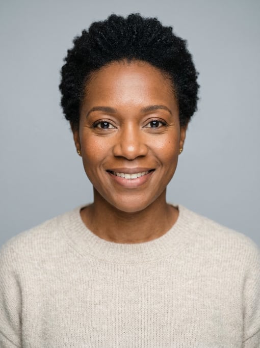 Professional studio headshot of a 40-year-old Black Caribbean woman with a short TWA hairstyle in bl