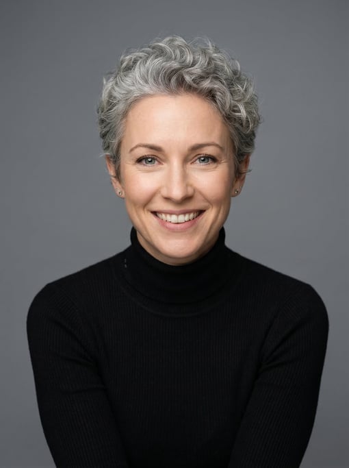 Professional studio headshot of a 33-year-old White European woman with a short curly silver-grey cr