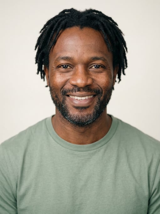 Professional studio headshot of a 40-year-old Ghanaian man with short locs in black