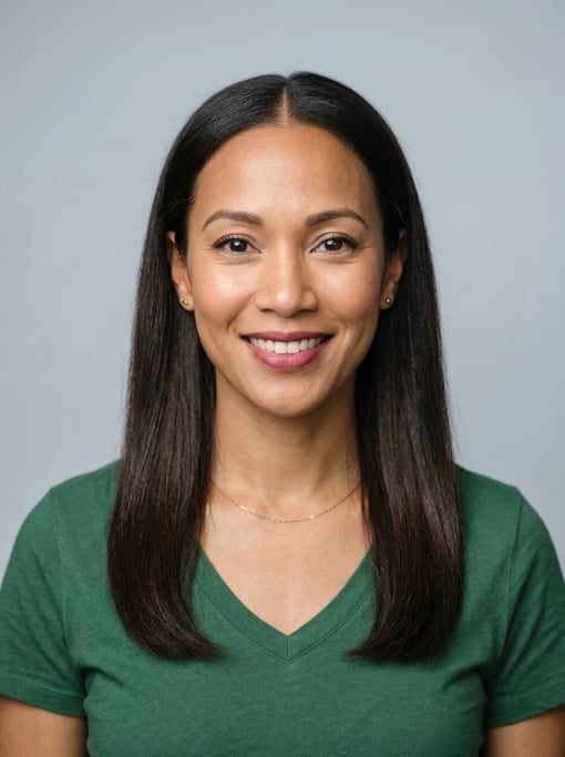 Professional studio headshot of a 36-year-old mixed-race woman with long straight dark brown hair wi