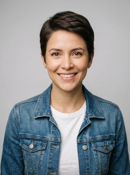 Professional studio headshot of a 33-year-old Colombian woman with a short pixie cut in dark brown
