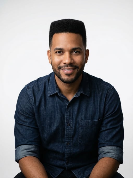 Professional studio headshot of a 33-year-old Dominican man with a flat top in black