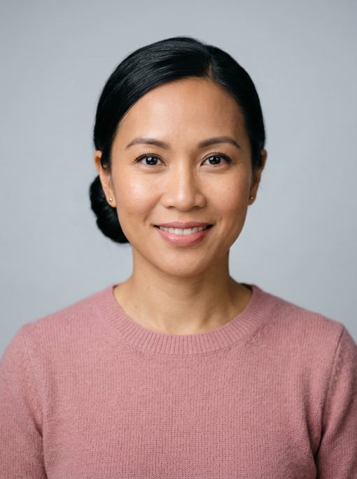 Professional studio headshot of a 38-year-old Southeast Asian woman with a sleek low bun in black