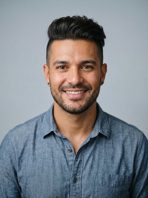 Professional studio headshot of a 30-year-old Brazilian man with an undercut with longer textured to