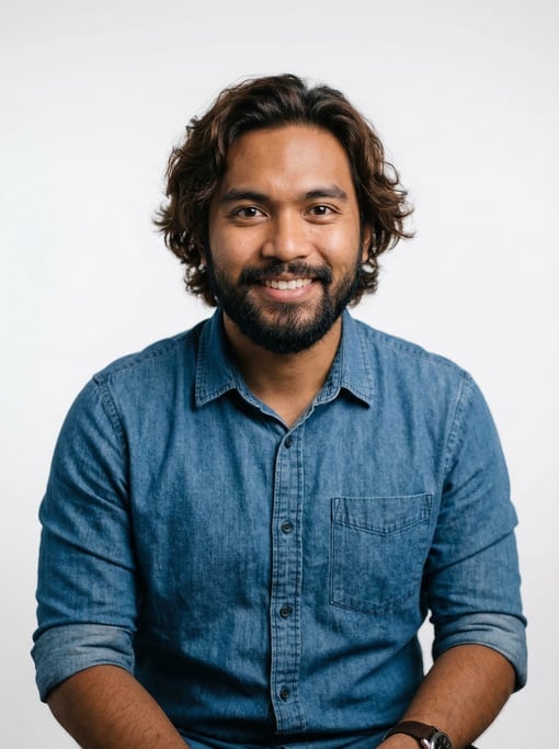 Professional studio headshot of a 24-year-old Filipino man with medium-length wavy dark brown hair