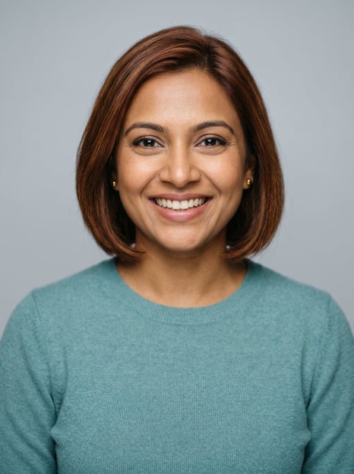 Professional studio headshot of a 33-year-old Bengali woman with a chin-length bob in auburn