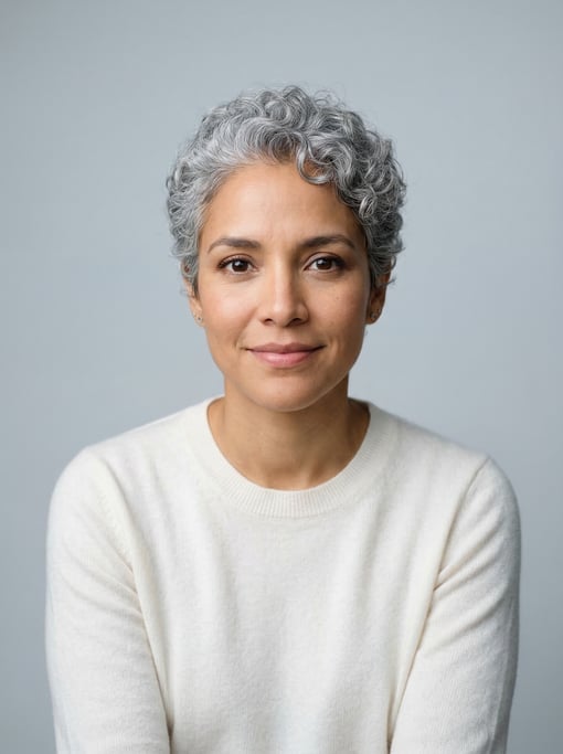 Professional studio headshot of a 32-year-old Colombian woman with a short curly silver-grey crop
