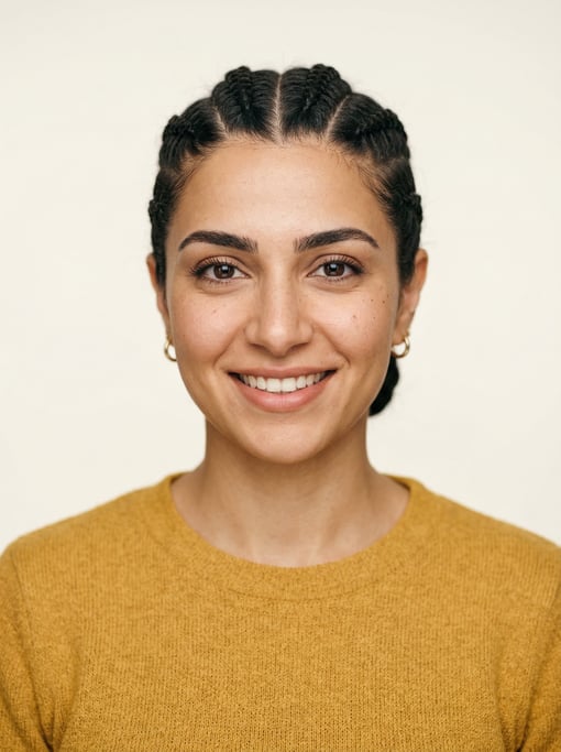 Professional studio headshot of a 24-year-old Persian woman with cornrows pulled back neatly