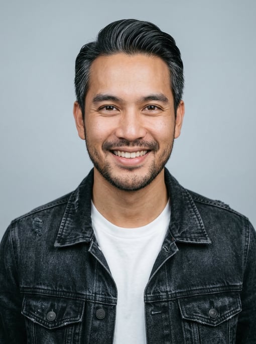 Professional studio headshot of a 27-year-old Thai man with silver-streaked dark hair combed back