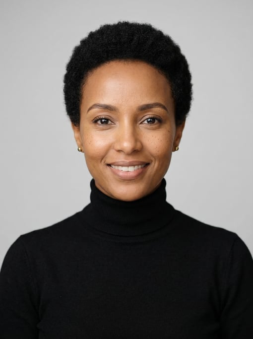 Professional studio headshot of a 35-year-old Ethiopian woman with a short TWA hairstyle in black