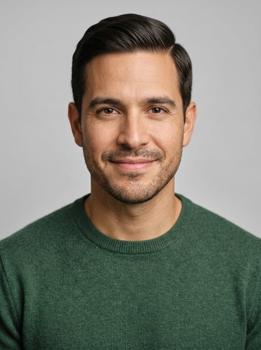 Professional studio headshot of a 35-year-old Puerto Rican man with neat dark brown side-parted hair