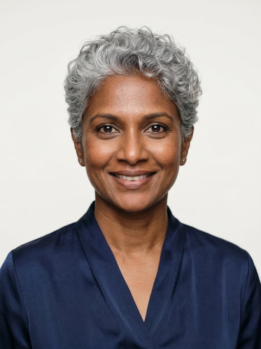 Professional studio headshot of a 40-year-old Sri Lankan woman with a short curly silver-grey crop