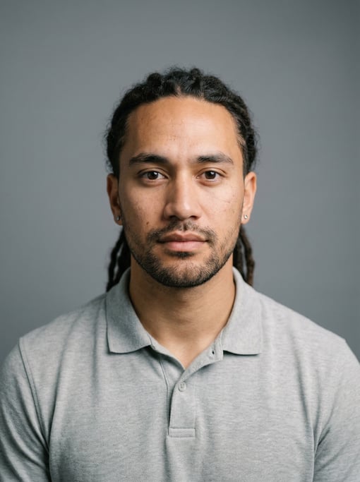 Professional studio headshot of a 26-year-old Maori man with medium dreadlocks pulled back