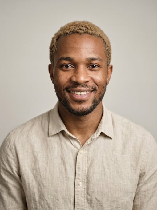 Professional studio headshot of a 27-year-old Nigerian man with short dirty blonde hair