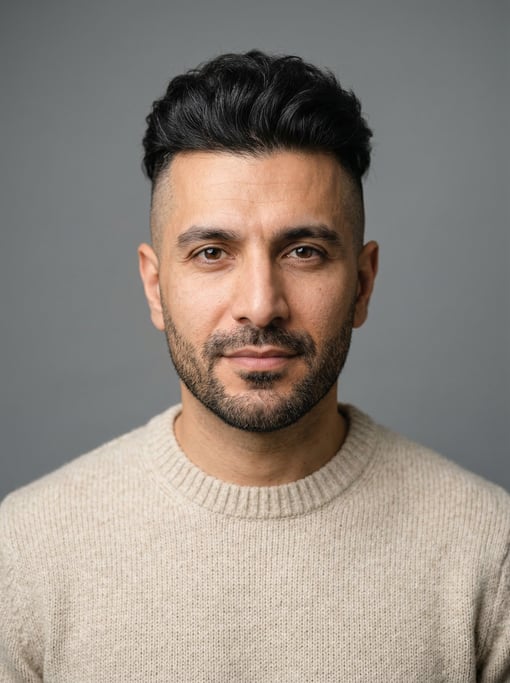 Professional studio headshot of a 35-year-old Persian man with an undercut with longer textured top