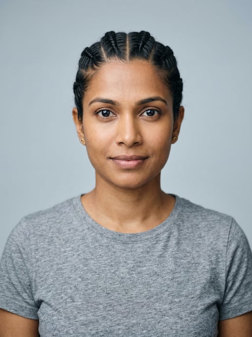 Professional studio headshot of a 33-year-old Sri Lankan woman with cornrows pulled back neatly