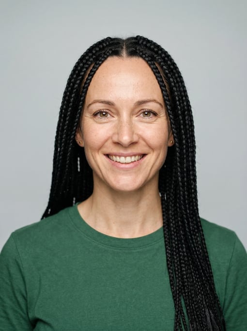 Professional studio headshot of a 39-year-old White European woman with long box braids in black