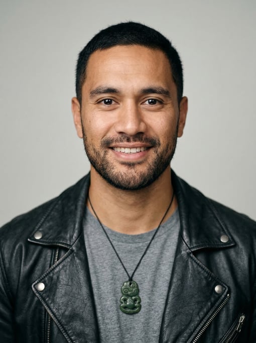Professional studio headshot of a 30-year-old Maori man with short cropped black hair