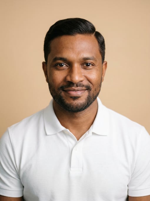 Professional studio headshot of a 38-year-old Ghanaian man with neat dark brown side-parted hair