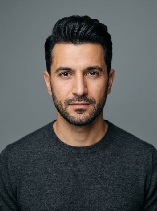 Professional studio headshot of a 36-year-old Turkish man with a quiff in black