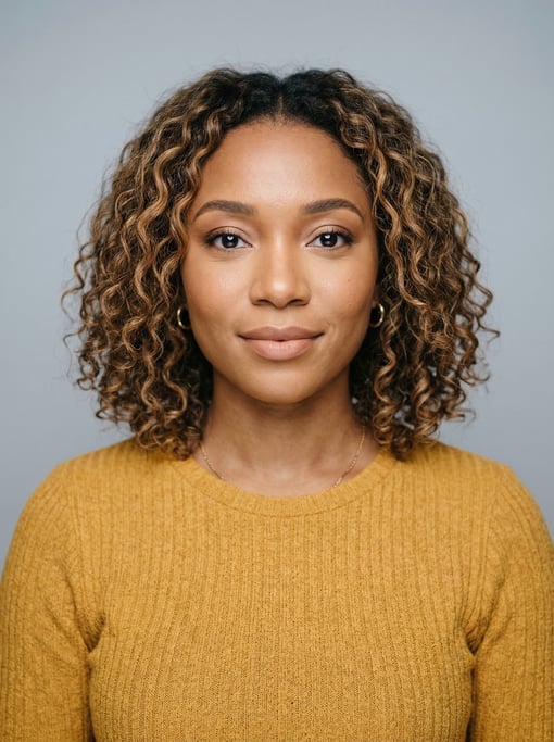 Professional studio headshot of a 28-year-old Ghanaian woman with a textured lob with balayage highl