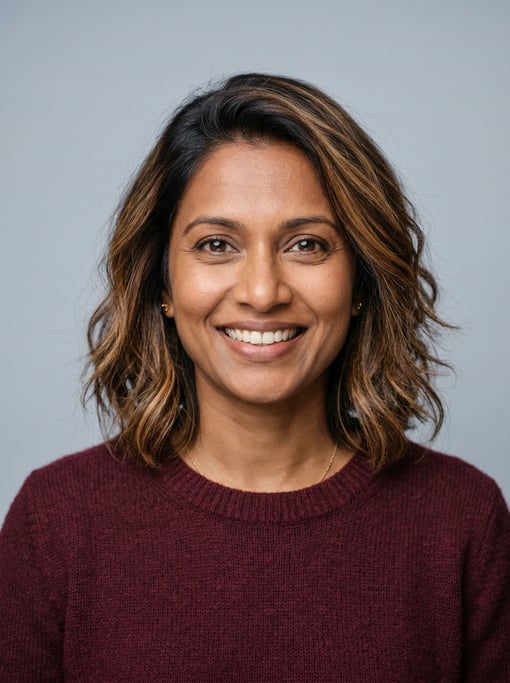 Professional studio headshot of a 40-year-old Sri Lankan woman with a textured lob with balayage hig
