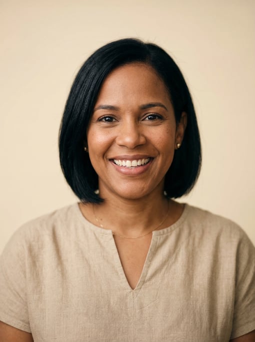 Professional studio headshot of a 39-year-old Dominican woman with a chin-length bob in jet black