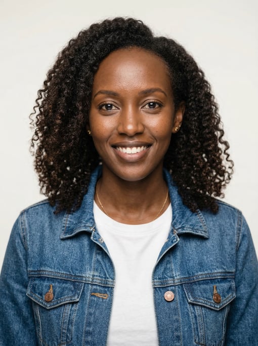 Professional studio headshot of a 26-year-old East African woman with a textured lob in dark brown