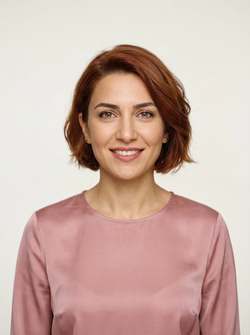 Professional studio headshot of a 33-year-old Turkish woman with a chin-length bob in auburn