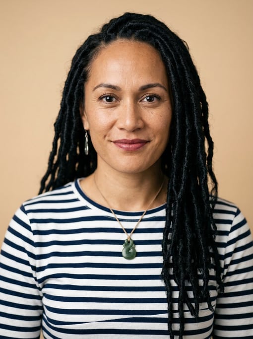 Professional studio headshot of a 33-year-old Maori woman with long faux locs in black