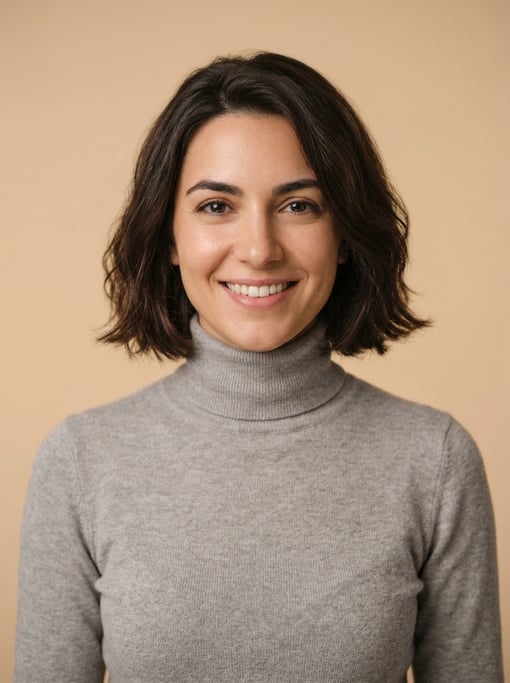 Professional studio headshot of a 27-year-old White Mediterranean woman with a chin-length bob in da