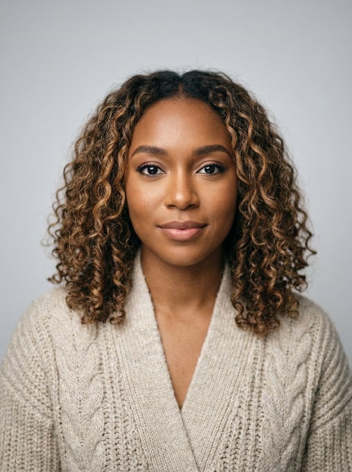Professional studio headshot of a 24-year-old Jamaican woman with a textured lob with balayage highl