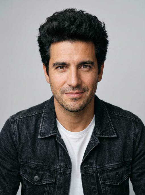 Professional studio headshot of a 37-year-old Argentinian man with thick coarse black hair with natu