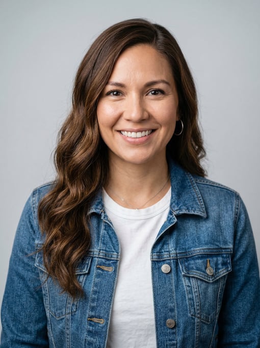 Professional studio headshot of a 34-year-old Native American woman with a deep side part with long