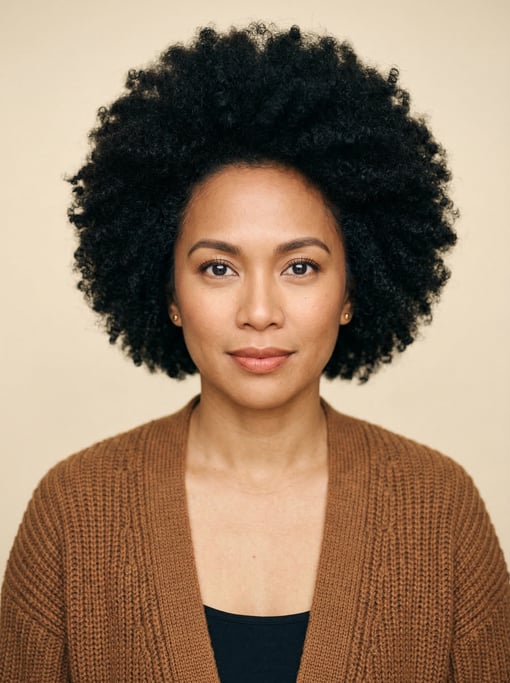 Professional studio headshot of a 36-year-old Filipino woman with a full voluminous natural afro in