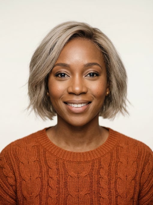 Professional studio headshot of a 31-year-old Black African woman with a chin-length bob in ash blon