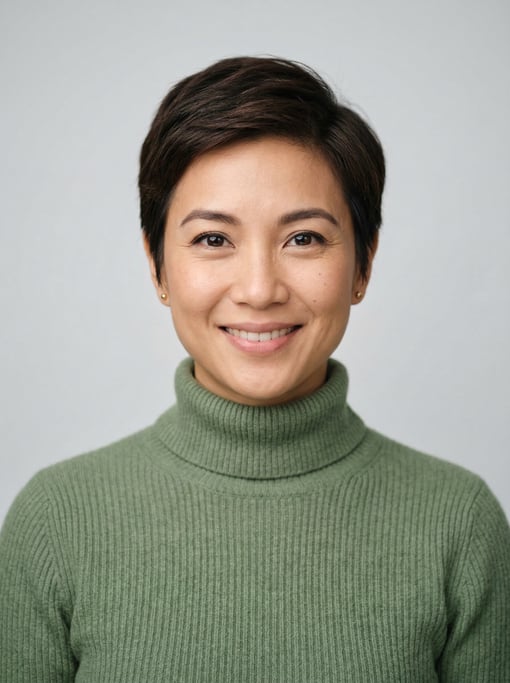 Professional studio headshot of a 32-year-old Southeast Asian woman with a short pixie cut in dark b