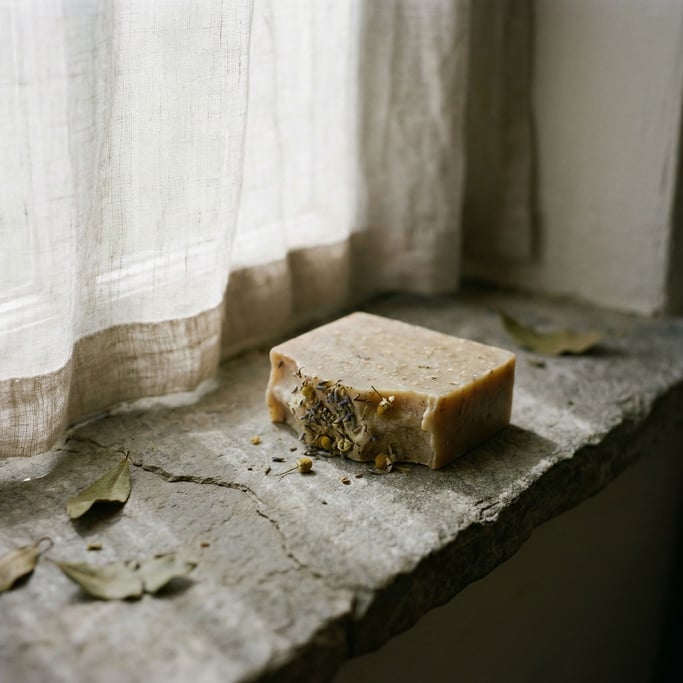 A bar of handmade soap with dried herbs embedded, resting on a stone slab
