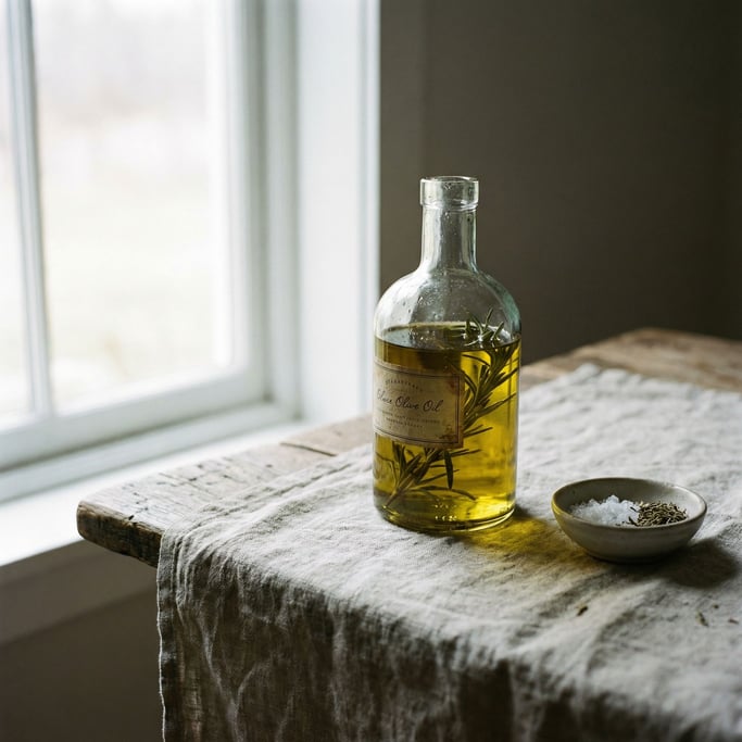 A bottle of olive oil with rosemary sprigs, directional light creating soft long shadows (xdvw8aos)