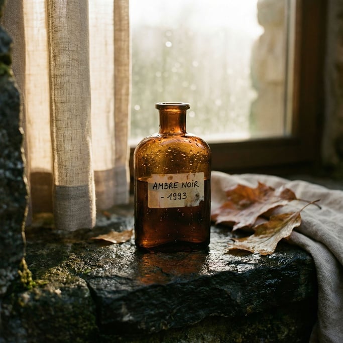 A dark amber glass perfume bottle on a wet stone surface, water droplets catching light