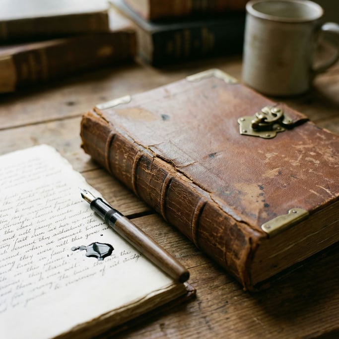 A leather journal with aged brass hardware, spine cracked from use, fountain pen nearby with wet ink