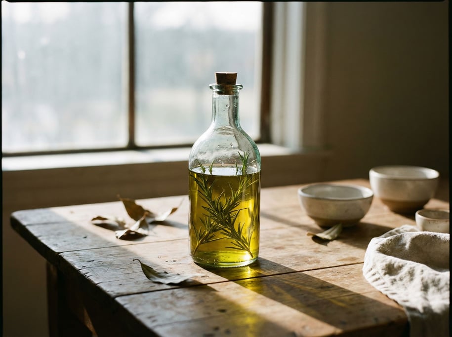 A bottle of olive oil with rosemary sprigs, directional light creating soft long shadows (tospkixj)