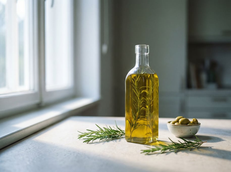 A bottle of olive oil with rosemary sprigs, directional light creating soft long shadows