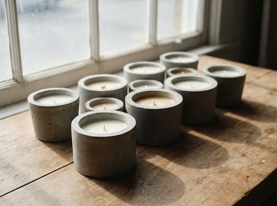 Hand-poured candles in raw concrete vessels, arranged asymmetrically on a wood surface