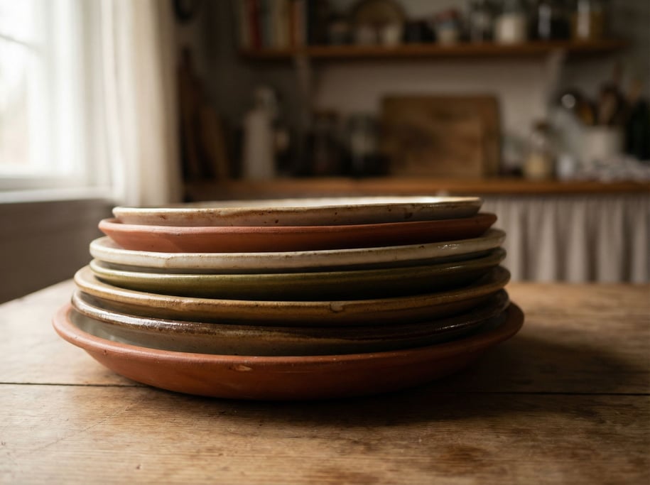 A stack of handmade ceramic plates in earth tones, slight imperfections visible, side lit
