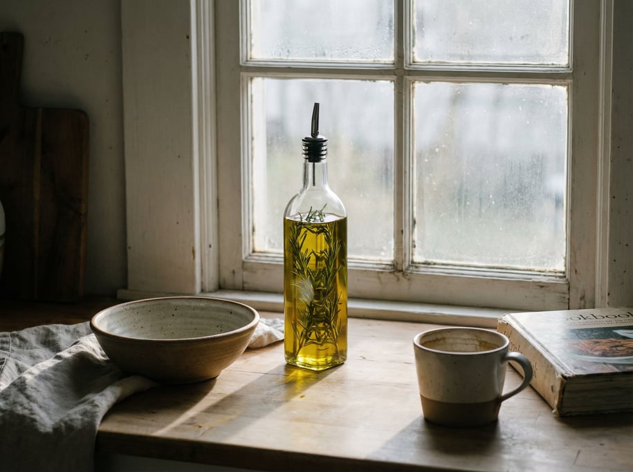 A bottle of olive oil with rosemary sprigs, directional light creating soft long shadows (xytcne1)