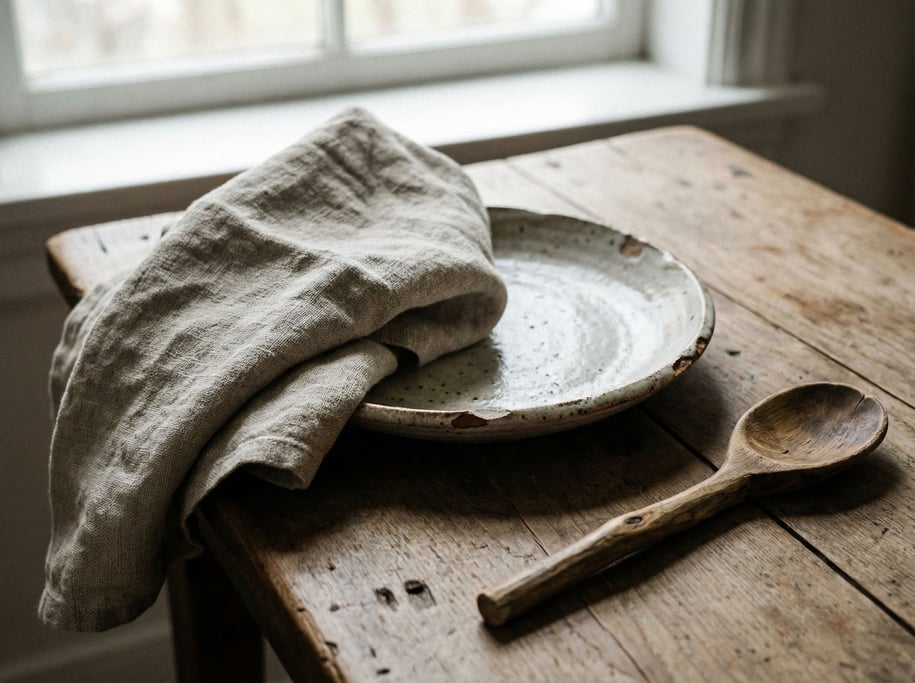 A linen napkin loosely folded beside a ceramic plate and wooden spoon, natural materials